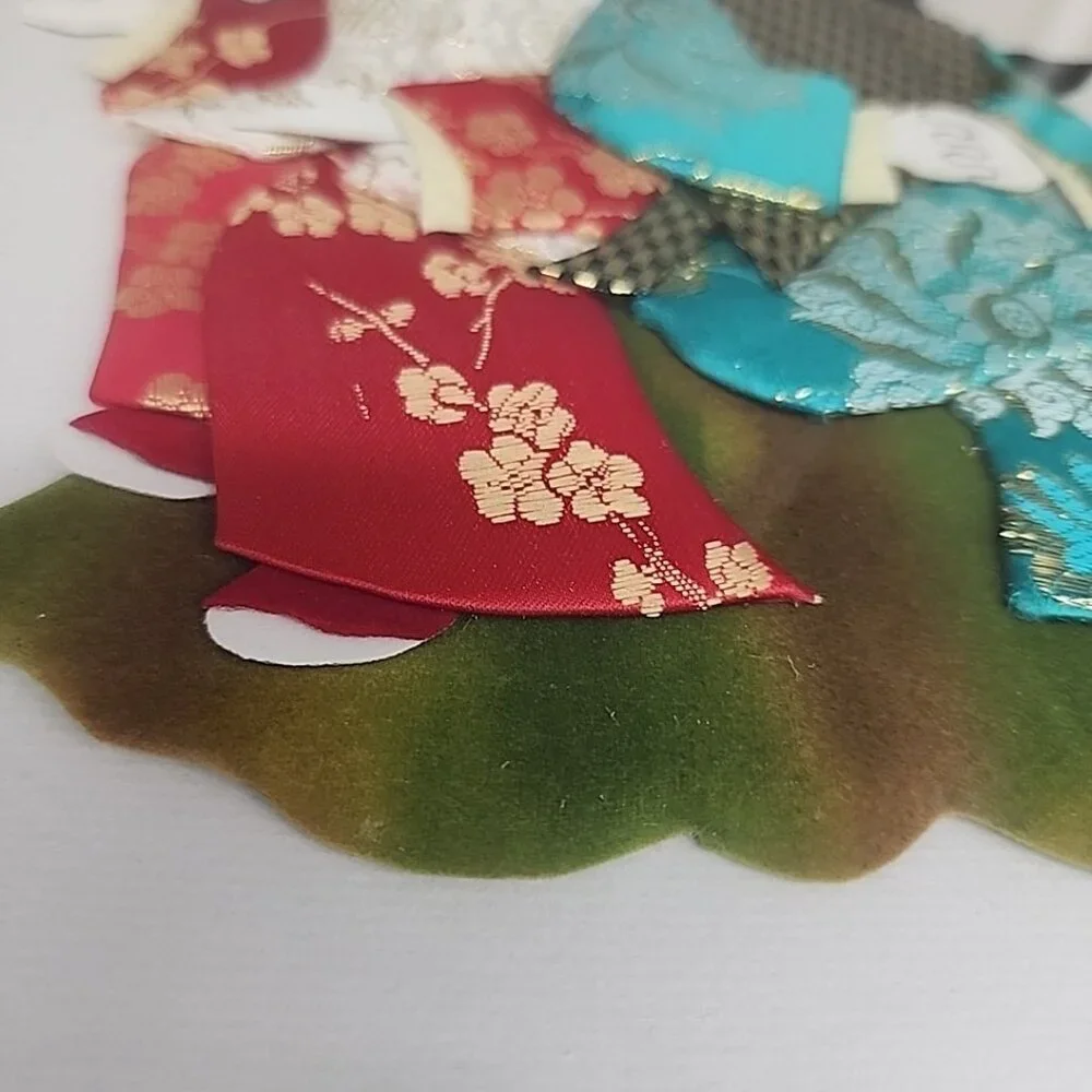 Pair Set Japanese Girl Kimono Fabric 3D Wall Art Geisha Wood Frame Art Asian